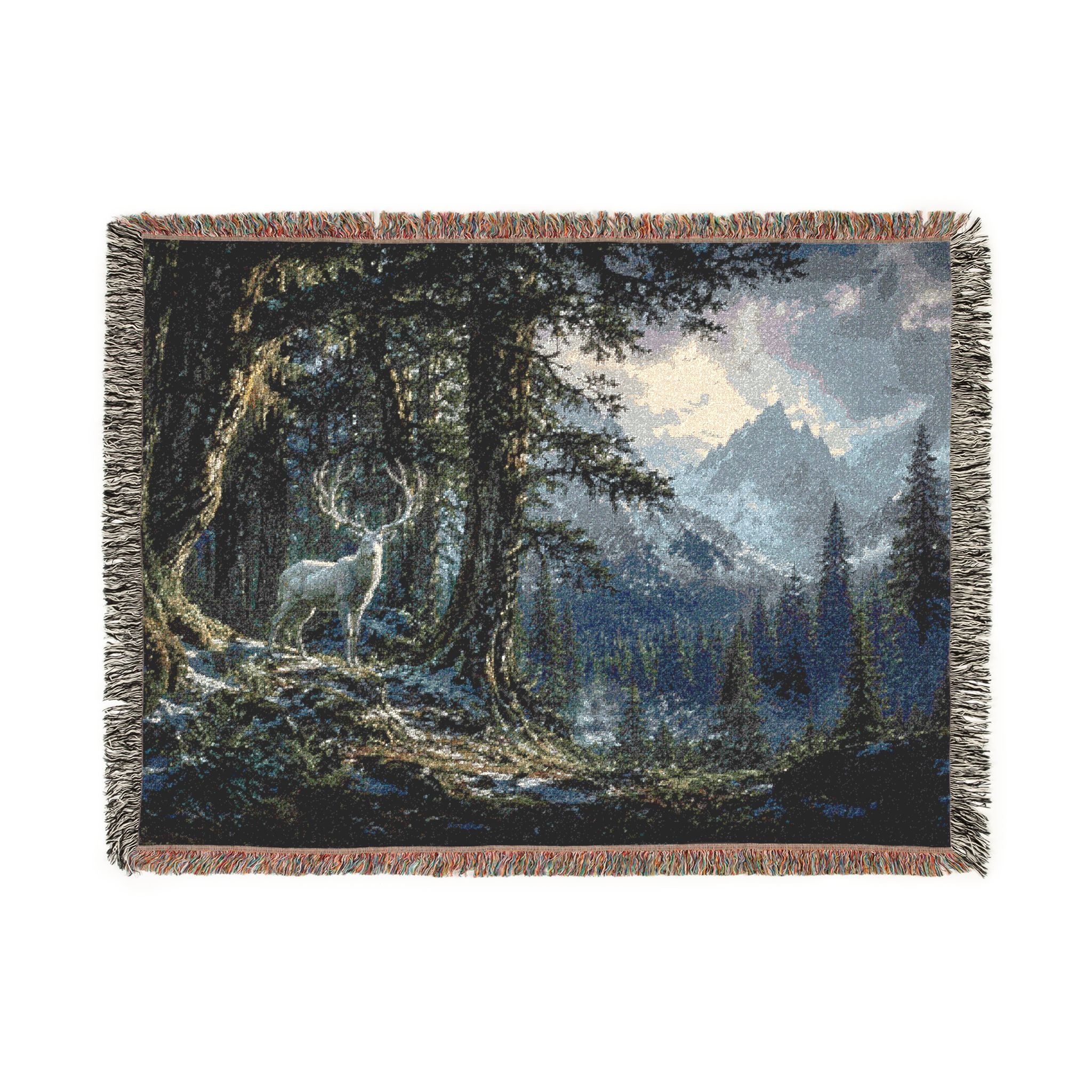 Fantasy Landscape Woven Blanket - White Elk in Forest