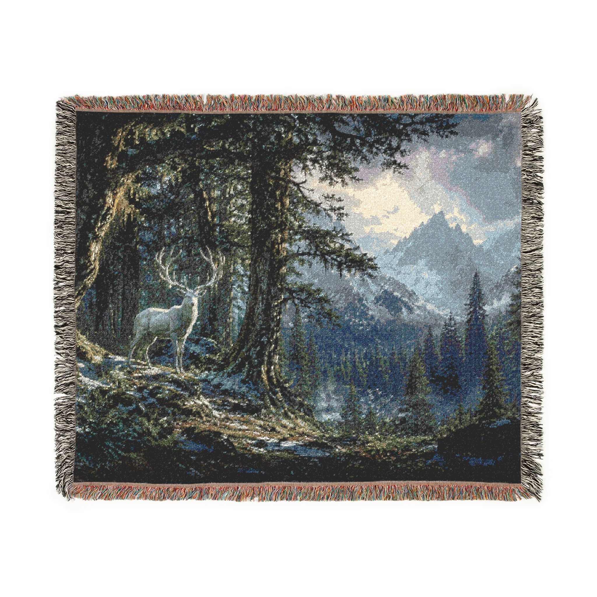 Fantasy Landscape Woven Blanket - White Elk in Forest
