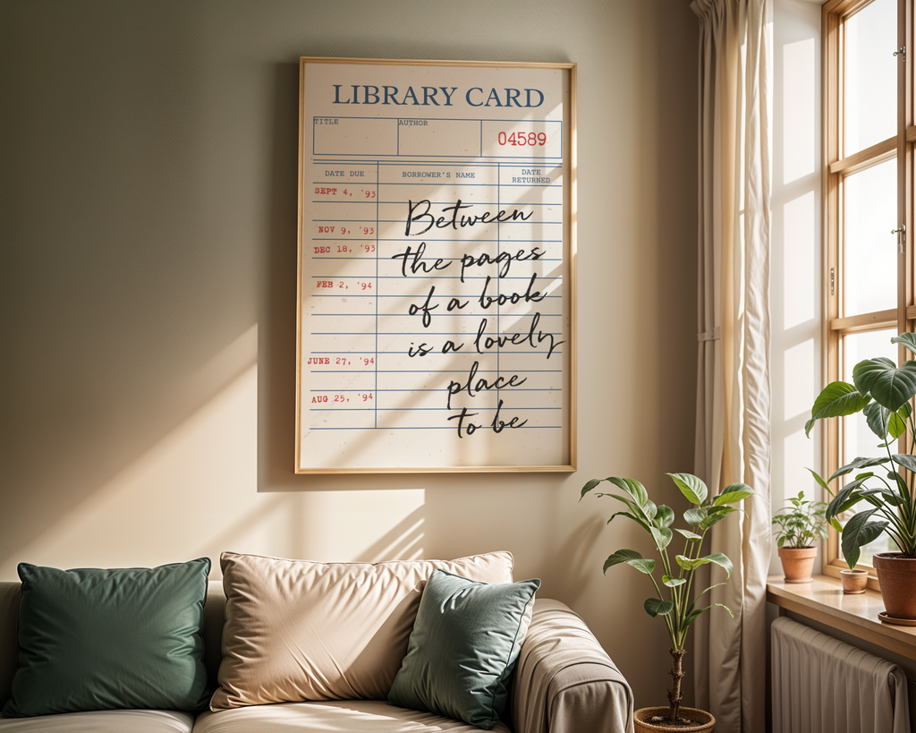 Vintage Library Card Wall Art - Between the Pages of a Book Is a Lovely Place to Be