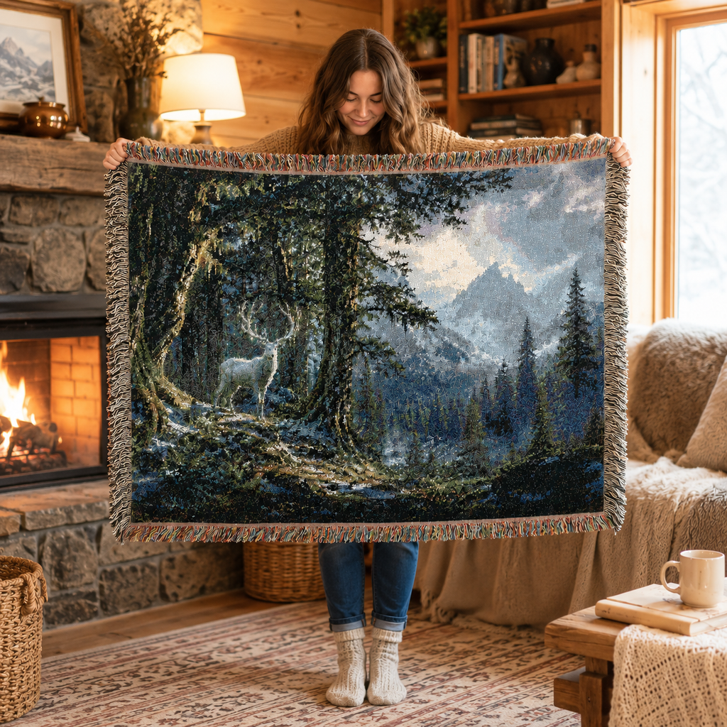 Fantasy Landscape Woven Blanket - White Elk in Forest